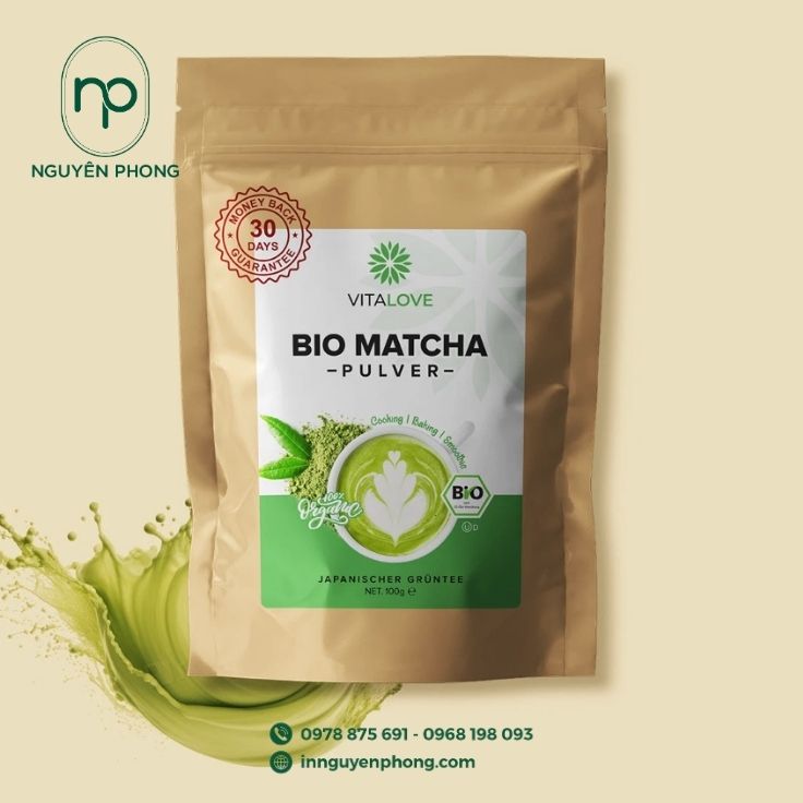 Mẫu tem nhãn bột trà xanh hình chữ nhật